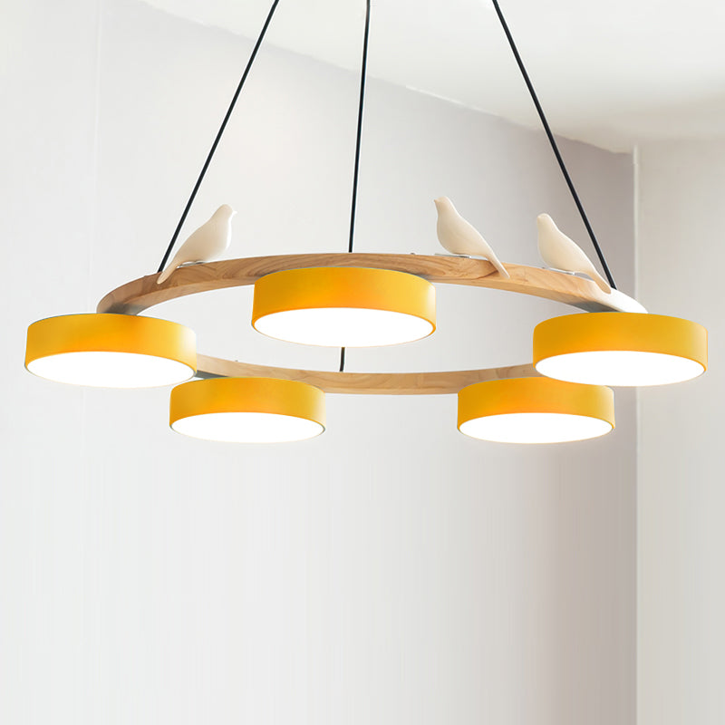 Round Wooden Ceiling Light with Bird Accents 26 Inch 4-Bulb LED Fixture Adjustable Height for Dining Room Kitchen Living Room Hallway Entryw | Thomler