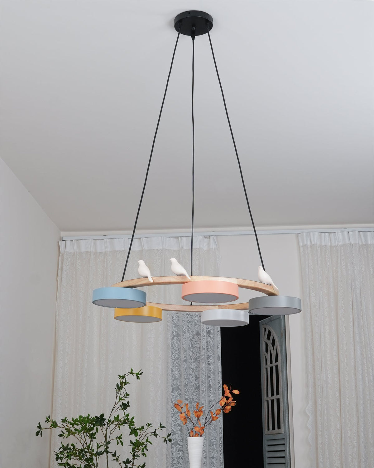 Round Wooden Ceiling Light with Bird Accents 26 Inch 4-Bulb LED Fixture Adjustable Height for Dining Room Kitchen Living Room Hallway Entryw | Thomler