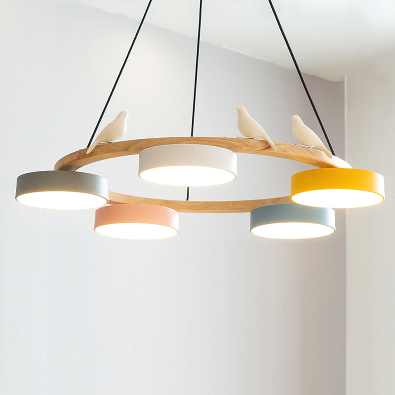 Round Wooden Ceiling Light with Bird Accents 26 Inch 4-Bulb LED Fixture Adjustable Height for Dining Room Kitchen Living Room Hallway Entryw | Thomler