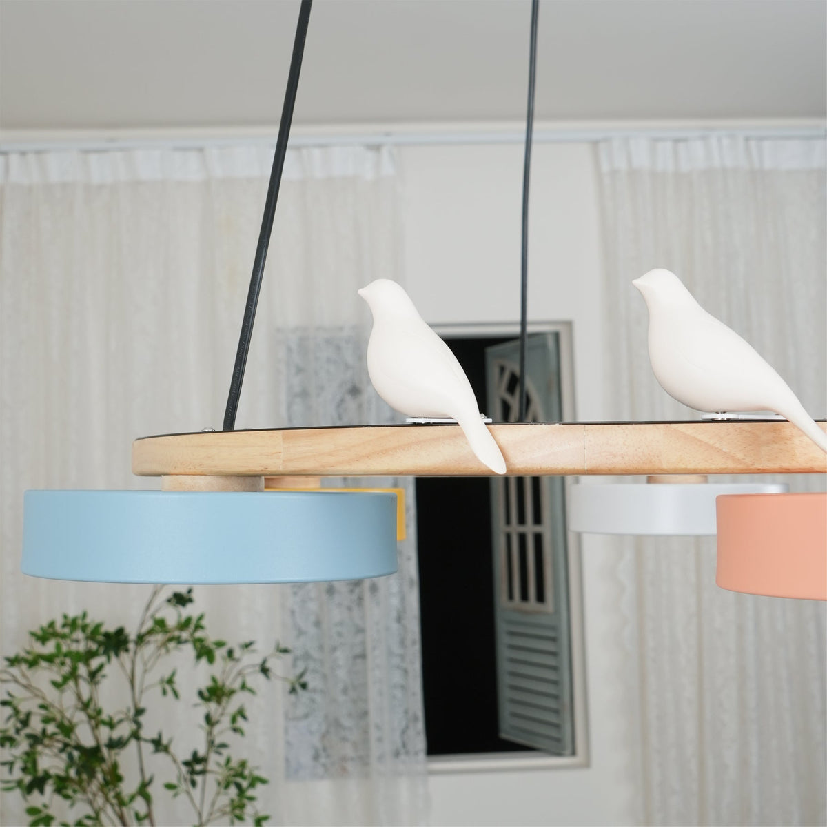 Round Wooden Ceiling Light with Bird Accents 26 Inch 4-Bulb LED Fixture Adjustable Height for Dining Room Kitchen Living Room Hallway Entryw | Thomler