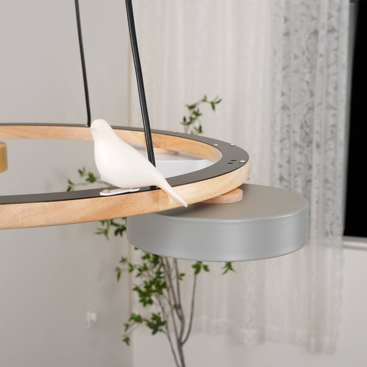 Round Wooden Ceiling Light with Bird Accents 26 Inch 4-Bulb LED Fixture Adjustable Height for Dining Room Kitchen Living Room Hallway Entryw | Thomler
