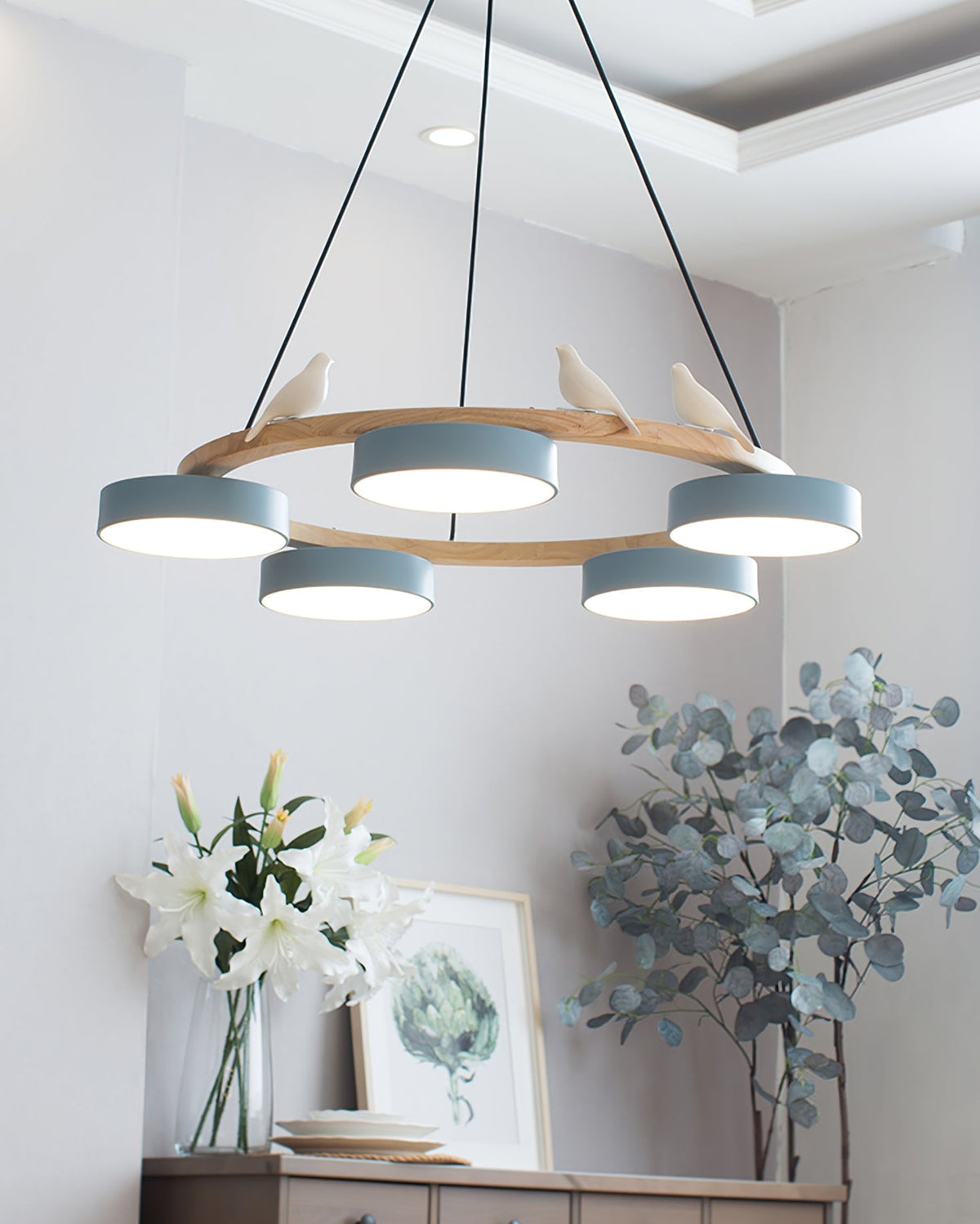 Round Wooden Ceiling Light with Bird Accents 26 Inch 4-Bulb LED Fixture Adjustable Height for Dining Room Kitchen Living Room Hallway Entryw | Thomler
