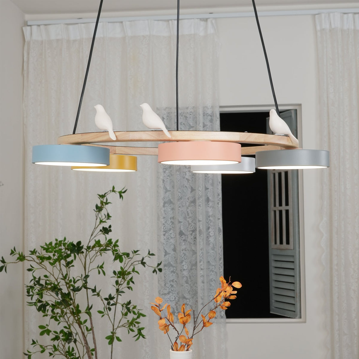 Round Wooden Ceiling Light with Bird Accents 26 Inch 4-Bulb LED Fixture Adjustable Height for Dining Room Kitchen Living Room Hallway Entryw | Thomler