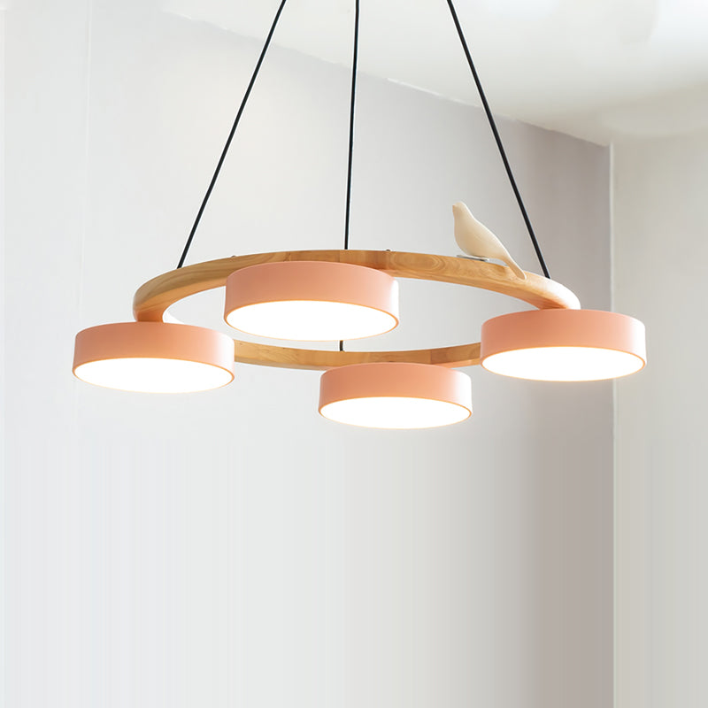 Round Wooden Ceiling Light with Bird Accents 26 Inch 4-Bulb LED Fixture Adjustable Height for Dining Room Kitchen Living Room Hallway Entryw | Thomler