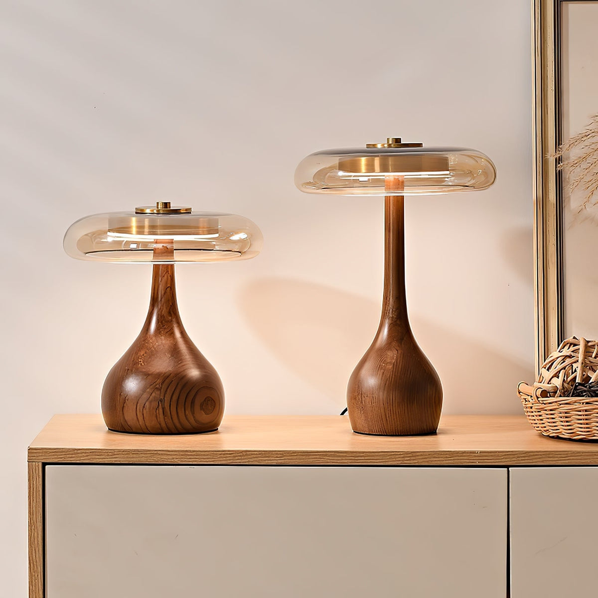 Lámpara de escritorio LED con pantalla de vidrio ámbar y base de madera natural para oficina en casa, dormitorio y mesa de noche | Temperatura de color ajustable 3000K-6000K | Thomler