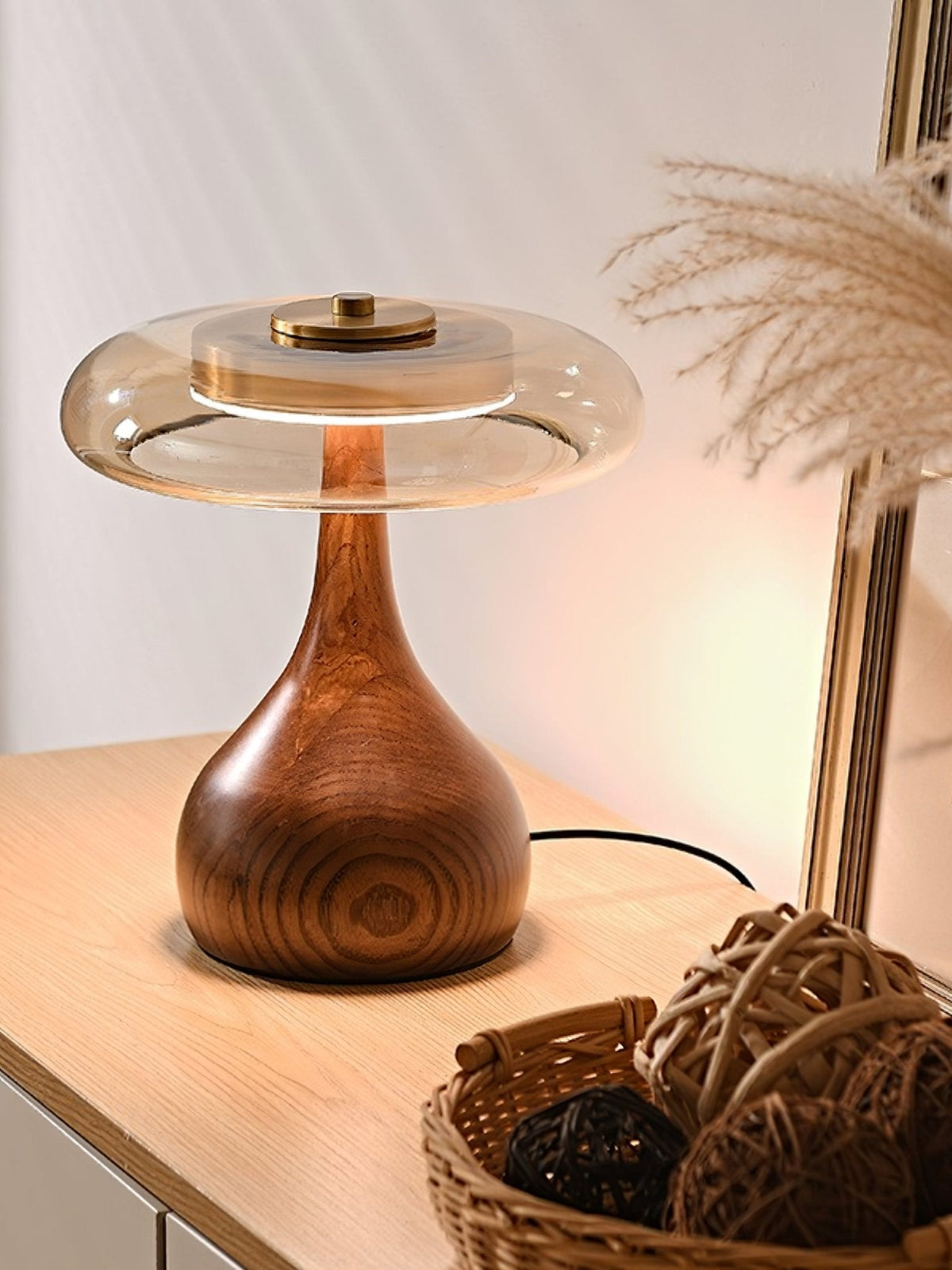 Lámpara de escritorio LED con pantalla de vidrio ámbar y base de madera natural para oficina en casa, dormitorio y mesa de noche | Temperatura de color ajustable 3000K-6000K | Thomler