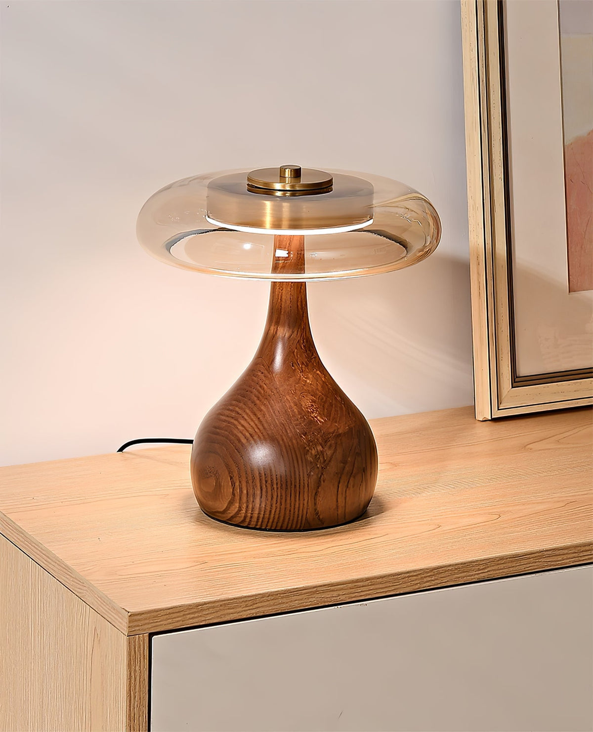 Lámpara de escritorio LED con pantalla de vidrio ámbar y base de madera natural para oficina en casa, dormitorio y mesa de noche | Temperatura de color ajustable 3000K-6000K | Thomler