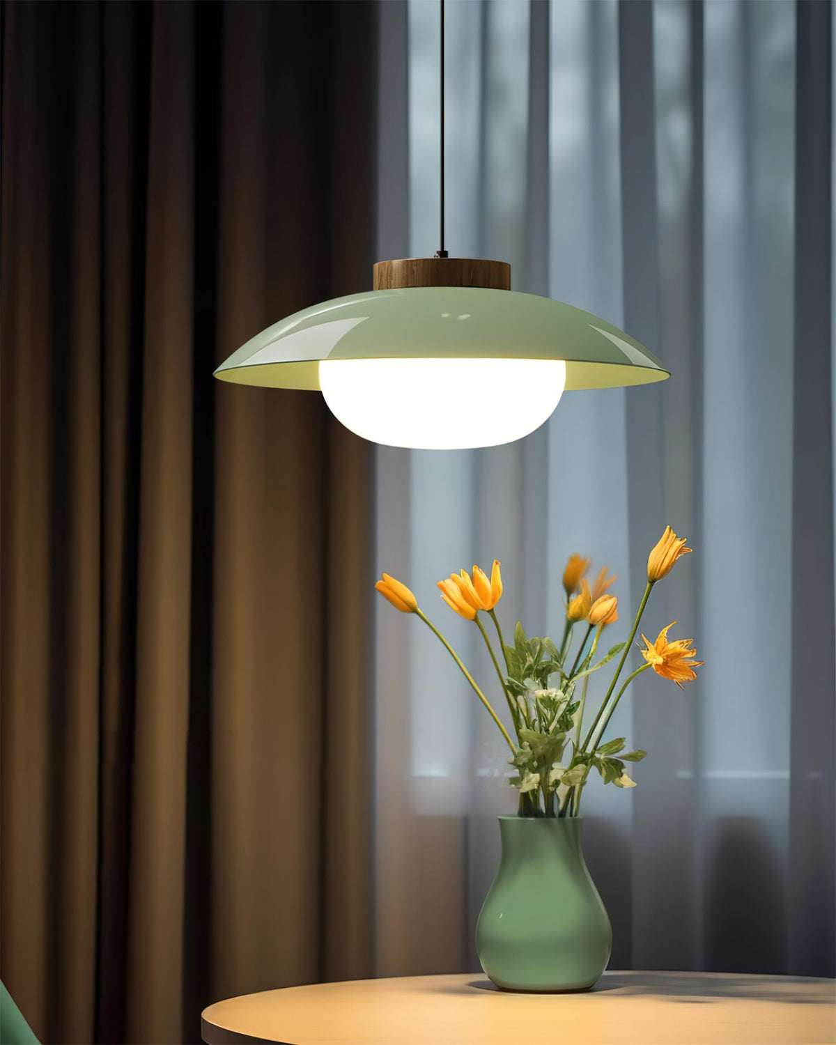 Saucer Shade Ceiling Pendant with Wood Rim for Kitchens & Dining Areas | Modern 11-Inch Hanging Fixture with Built-In LED, Warm 3000K Glow | Thomler