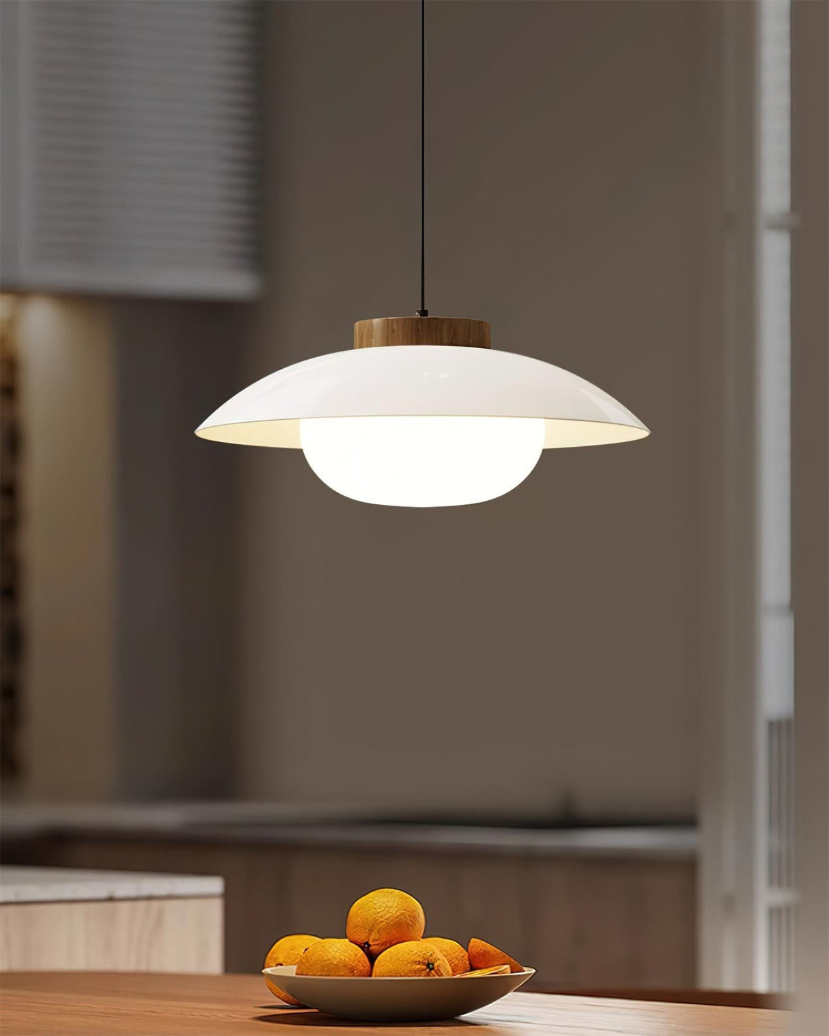 Saucer Shade Ceiling Pendant with Wood Rim for Kitchens & Dining Areas | Modern 11-Inch Hanging Fixture with Built-In LED, Warm 3000K Glow | Thomler