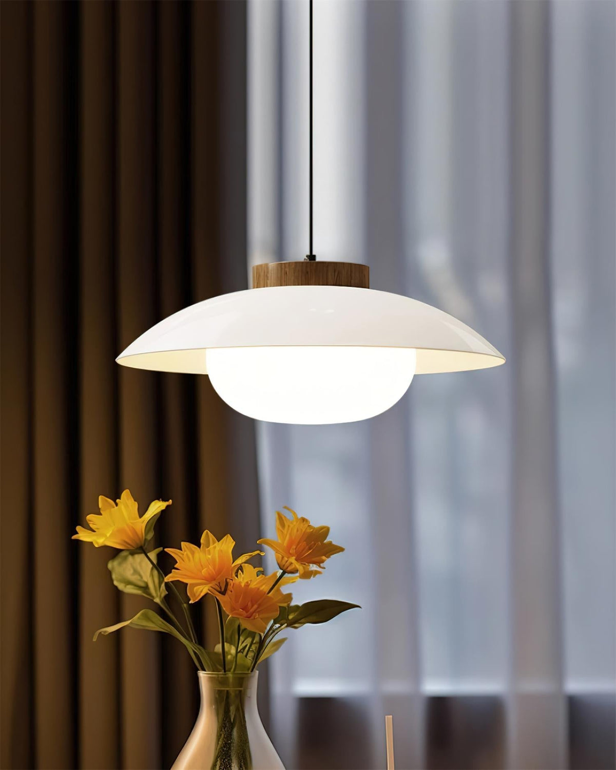 Saucer Shade Ceiling Pendant with Wood Rim for Kitchens & Dining Areas | Modern 11-Inch Hanging Fixture with Built-In LED, Warm 3000K Glow | Thomler