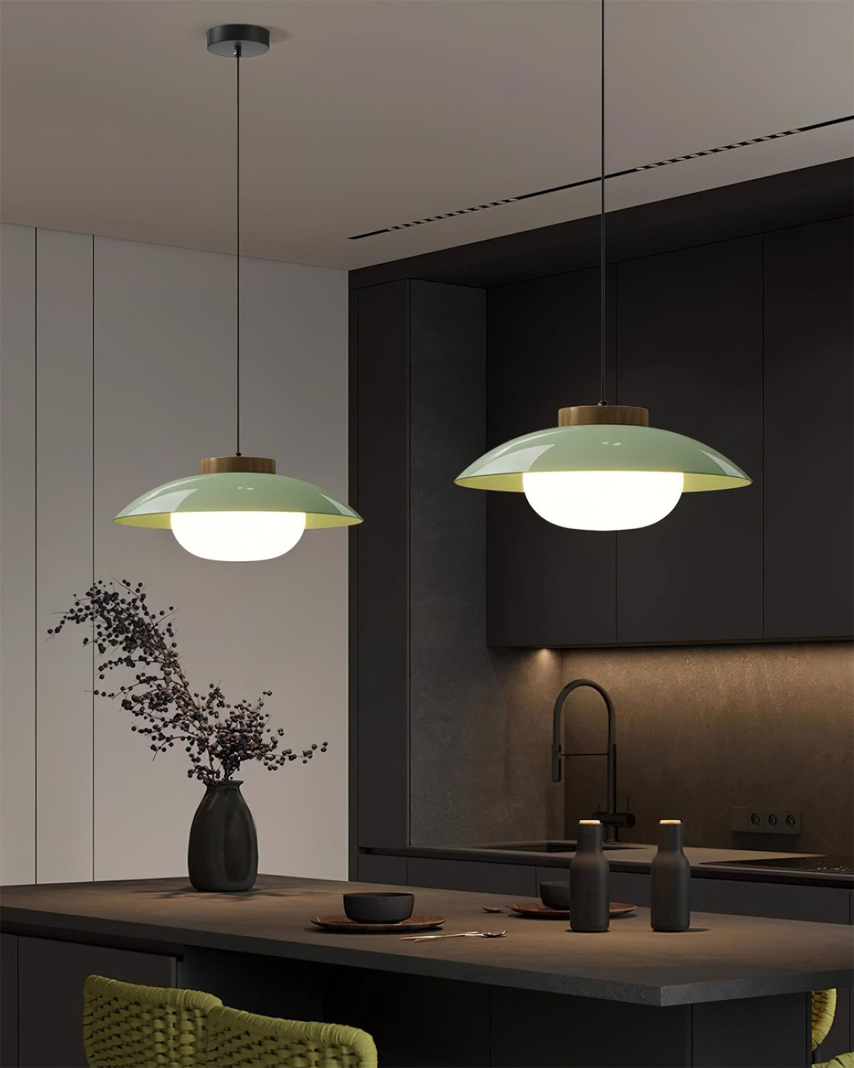 Saucer Shade Ceiling Pendant with Wood Rim for Kitchens & Dining Areas | Modern 11-Inch Hanging Fixture with Built-In LED, Warm 3000K Glow | Thomler