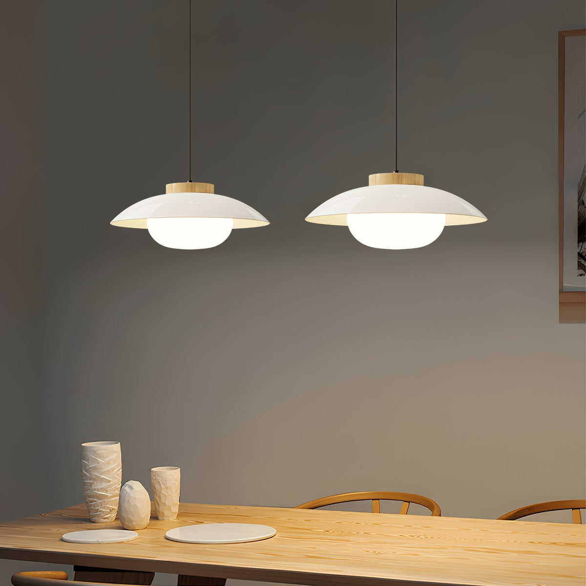 Saucer Shade Ceiling Pendant with Wood Rim for Kitchens & Dining Areas | Modern 11-Inch Hanging Fixture with Built-In LED, Warm 3000K Glow | Thomler