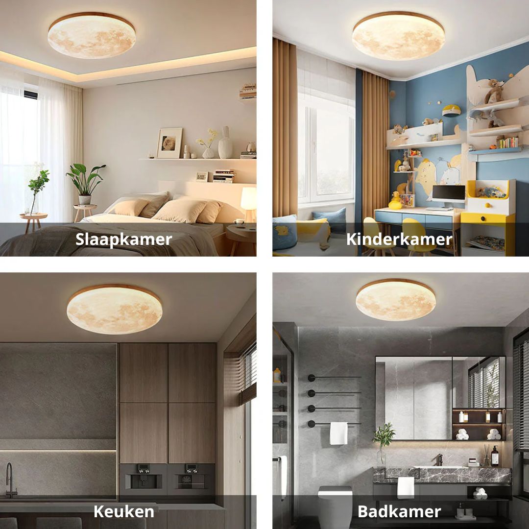 Runde LED-Unterputz-Deckenleuchte mit Mondoberflächen-Design, Holz & Acryl, 48 cm Durchmesser, für Schlafzimmer, Wohnzimmer und Flure, modernes Ambiente