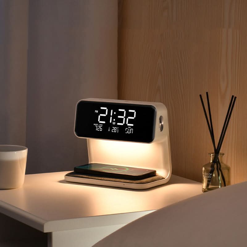 Lámpara de mesa de noche con control táctil, estación de carga inalámbrica y reloj despertador digital para dormitorio | Luz LED regulable | Escritorio de ABS blanco O | Thomler