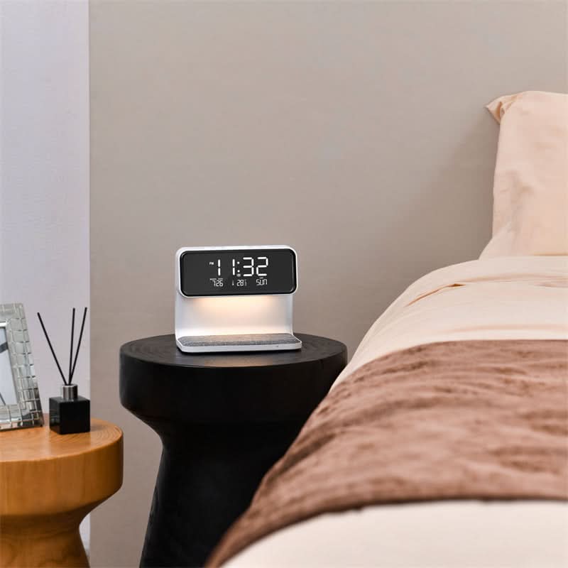 Lámpara de mesa de noche con control táctil, estación de carga inalámbrica y reloj despertador digital para dormitorio | Luz LED regulable | Escritorio de ABS blanco O | Thomler