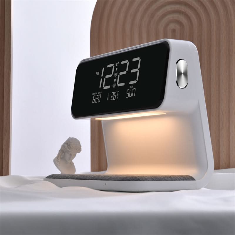 Lámpara de mesa de noche con control táctil, estación de carga inalámbrica y reloj despertador digital para dormitorio | Luz LED regulable | Escritorio de ABS blanco O | Thomler
