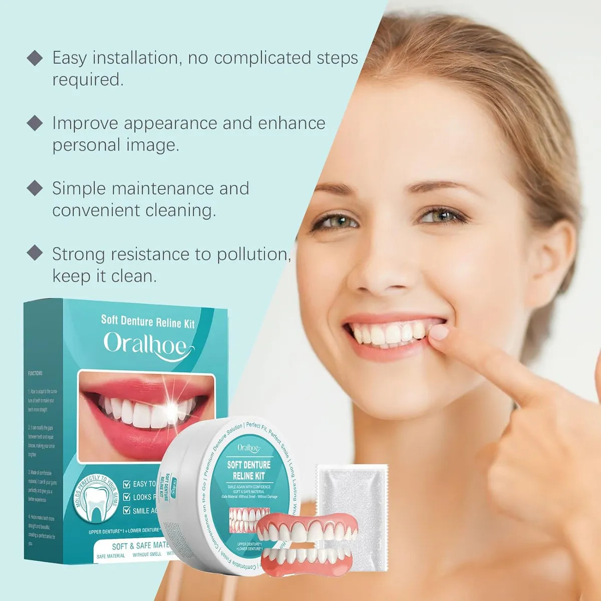 Juego de carillas dentales cosméticas temporales con silicona de ajuste flexible para un uso diario seguro