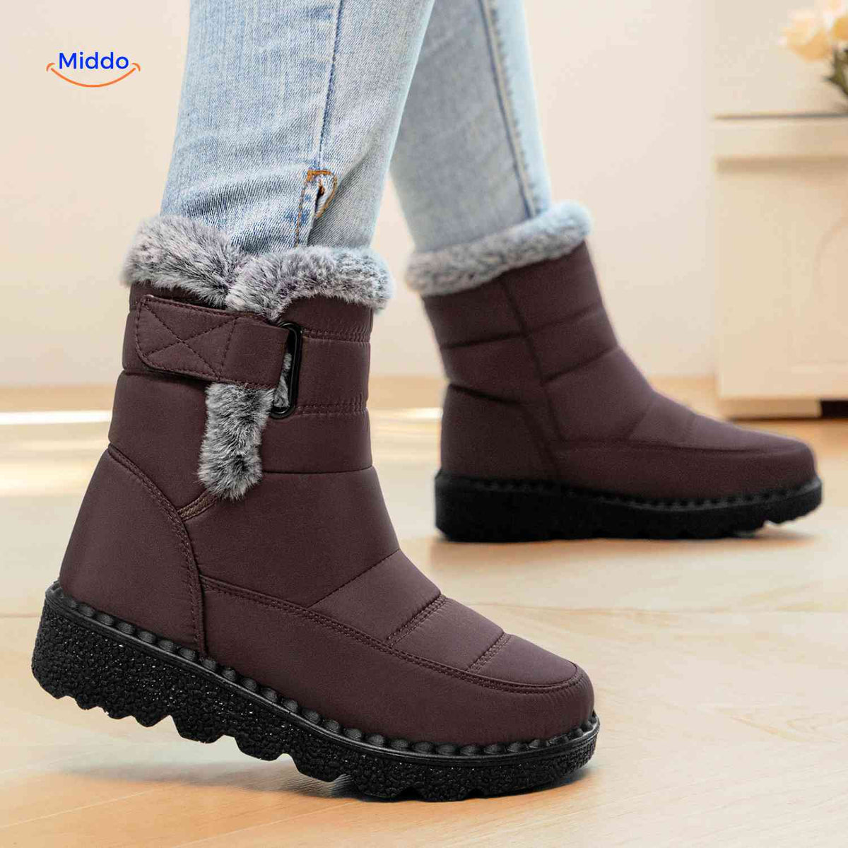 Faux Fur-Lined Ankle Boots with Traction Sole – Winter-Ready Women's Footwear for Snow & Ice