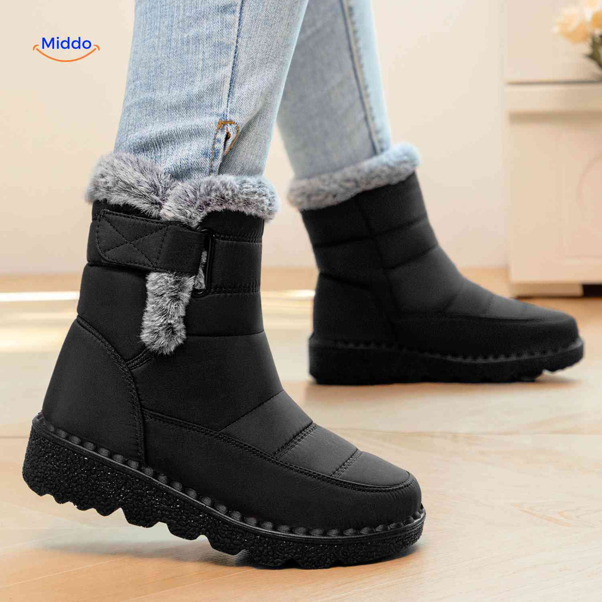Faux Fur-Lined Ankle Boots with Traction Sole – Winter-Ready Women's Footwear for Snow & Ice