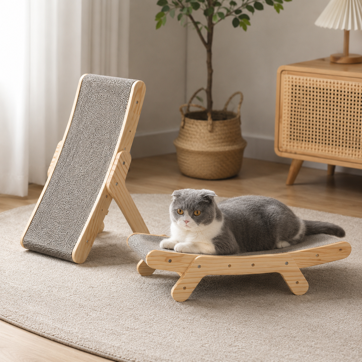Gebogener Katzenkratzbaum aus Holz mit strukturierter Oberfläche und geneigtem Design
