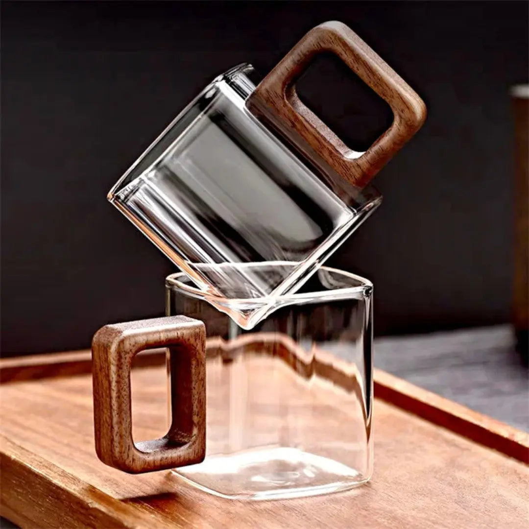Transparente hitzebeständige Kaffeetasse mit Holzgriff für einfache Espressi & Tee 85 ml | Thomler