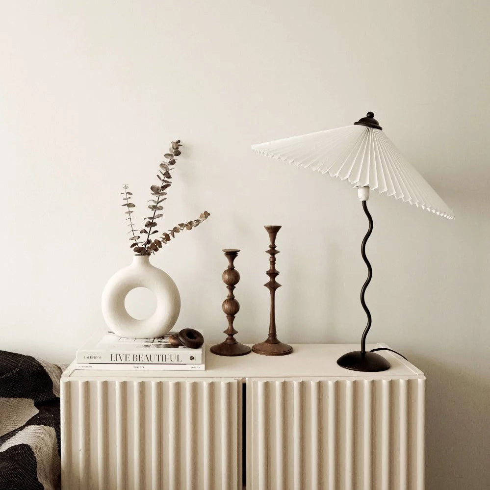 Sculptural Desk Lamp with Gathered Shade & Arc Base 17-inch Beige White Green Black Nightstand Light for Bedroom Living Room Accent | Thomler