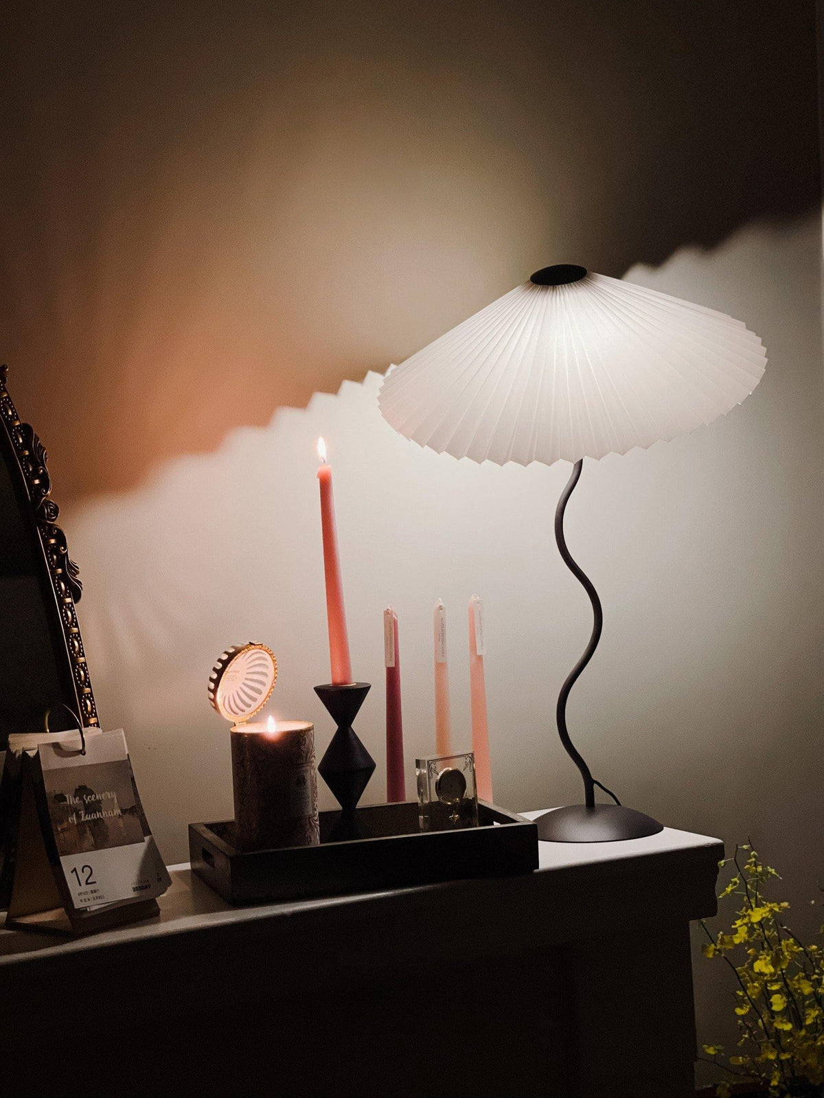 Sculptural Desk Lamp with Gathered Shade & Arc Base 17-inch Beige White Green Black Nightstand Light for Bedroom Living Room Accent | Thomler