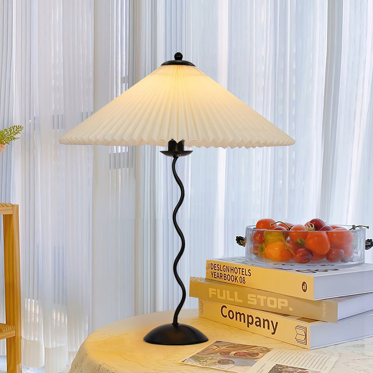 Sculptural Desk Lamp with Gathered Shade & Arc Base 17-inch Beige White Green Black Nightstand Light for Bedroom Living Room Accent | Thomler