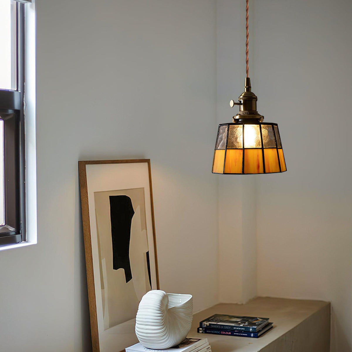 Geometric Glass Shade Hanging Light Fixture 6-Inch Brass Accents Adjustable for Counter Island Dining Table Modern Ceiling Suspended Lamp | Thomler