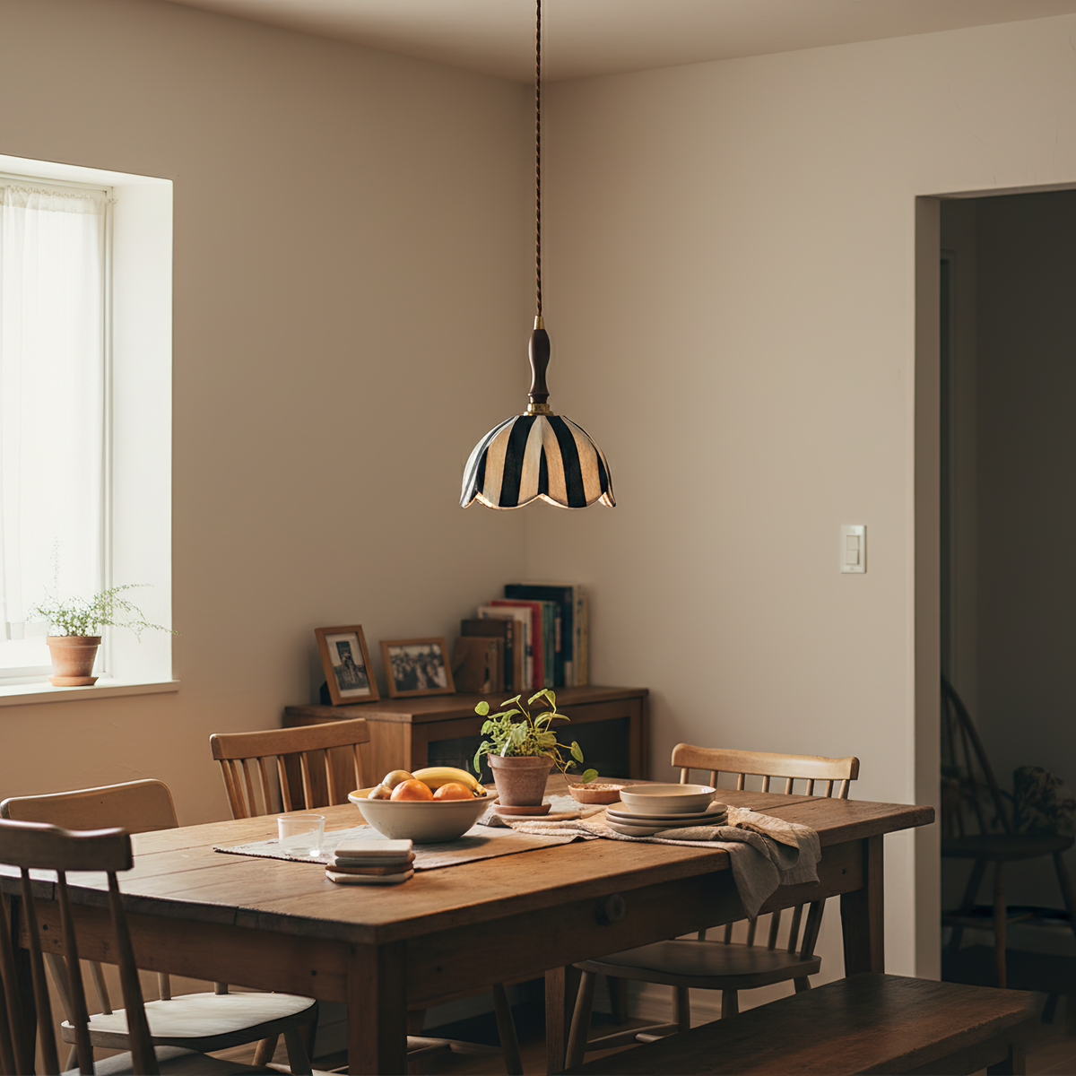 Hanging Ceiling Light with Tulip-Style Striped Shade 7.9 in Diameter Adjustable Wood Accent for Kitchen Dining Room Reading Nook Breakfast A | Thomler