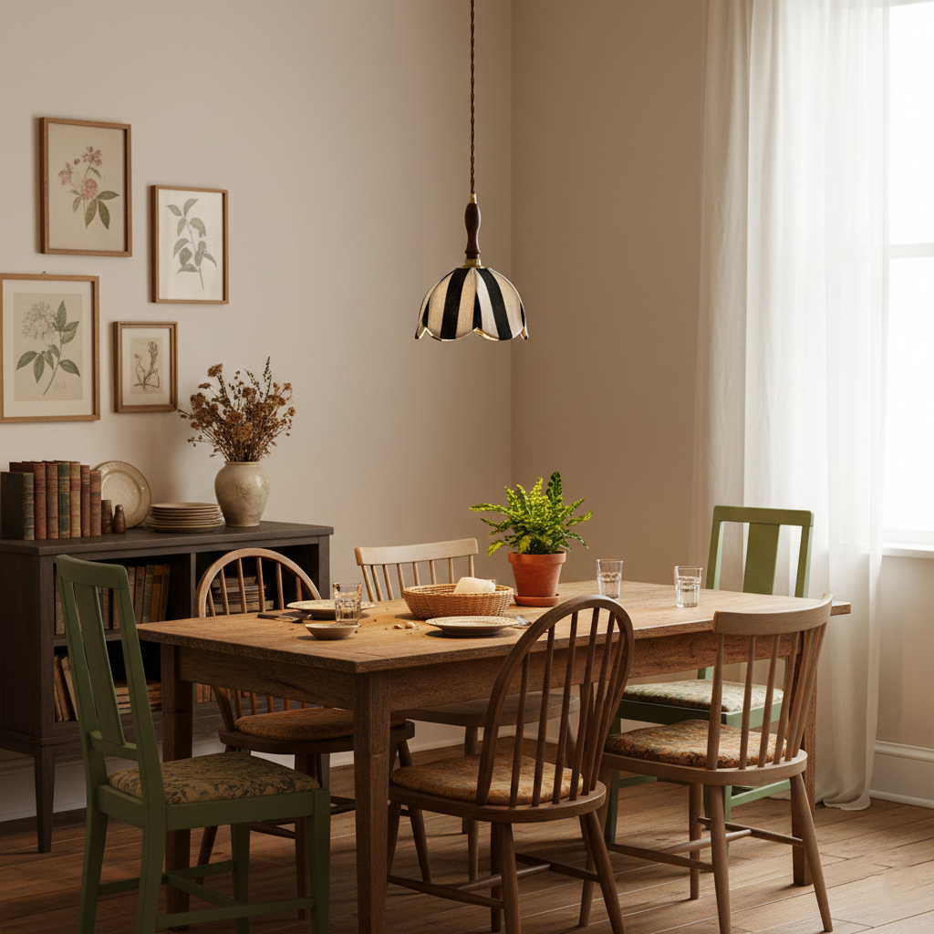 Hanging Ceiling Light with Tulip-Style Striped Shade 7.9 in Diameter Adjustable Wood Accent for Kitchen Dining Room Reading Nook Breakfast A | Thomler
