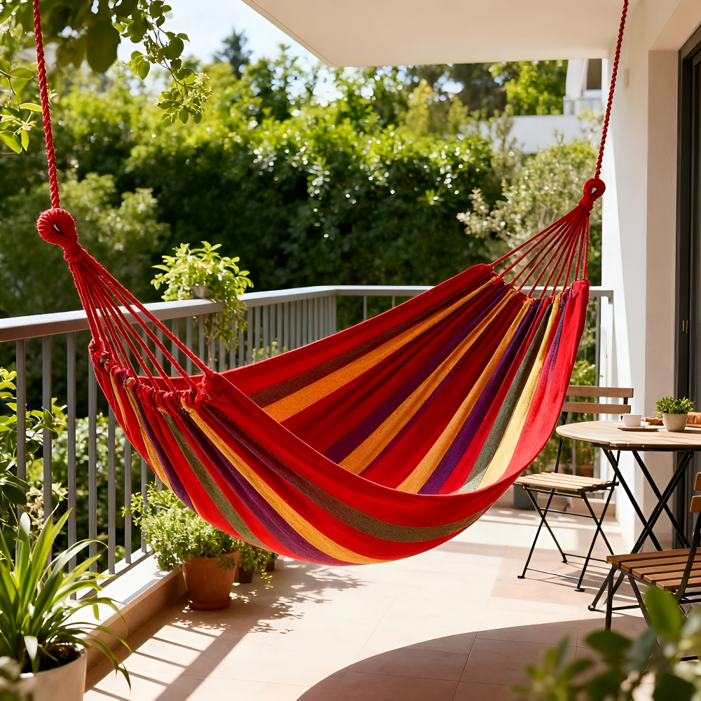 Double Hammock for Patio & Camping – Heavy-Duty Cotton 450 lb Capacity with Carry Bag & Ropes for Backyard Relaxation | Thomler