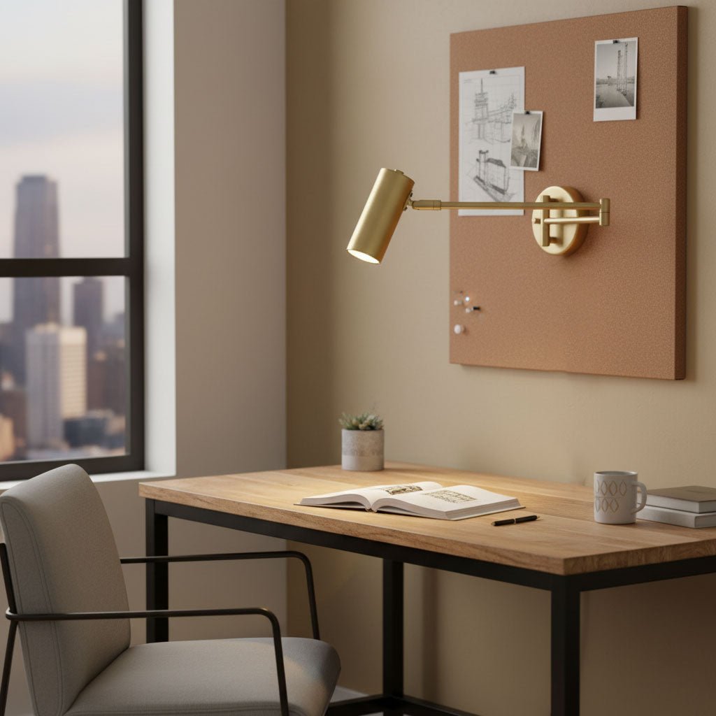 Aplique de pared LED con brazo giratorio y soporte extensible para dormitorio, pasillo, rincón de lectura e iluminación de tareas. Lámpara moderna regulable, oro y negro | Thomler