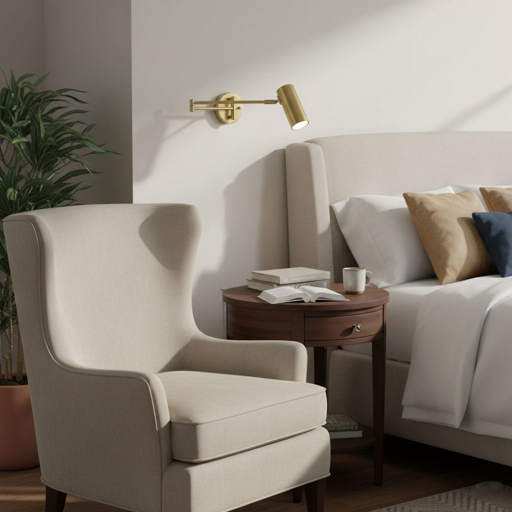 Aplique de pared LED con brazo giratorio y soporte extensible para dormitorio, pasillo, rincón de lectura e iluminación de tareas. Lámpara moderna regulable, oro y negro | Thomler
