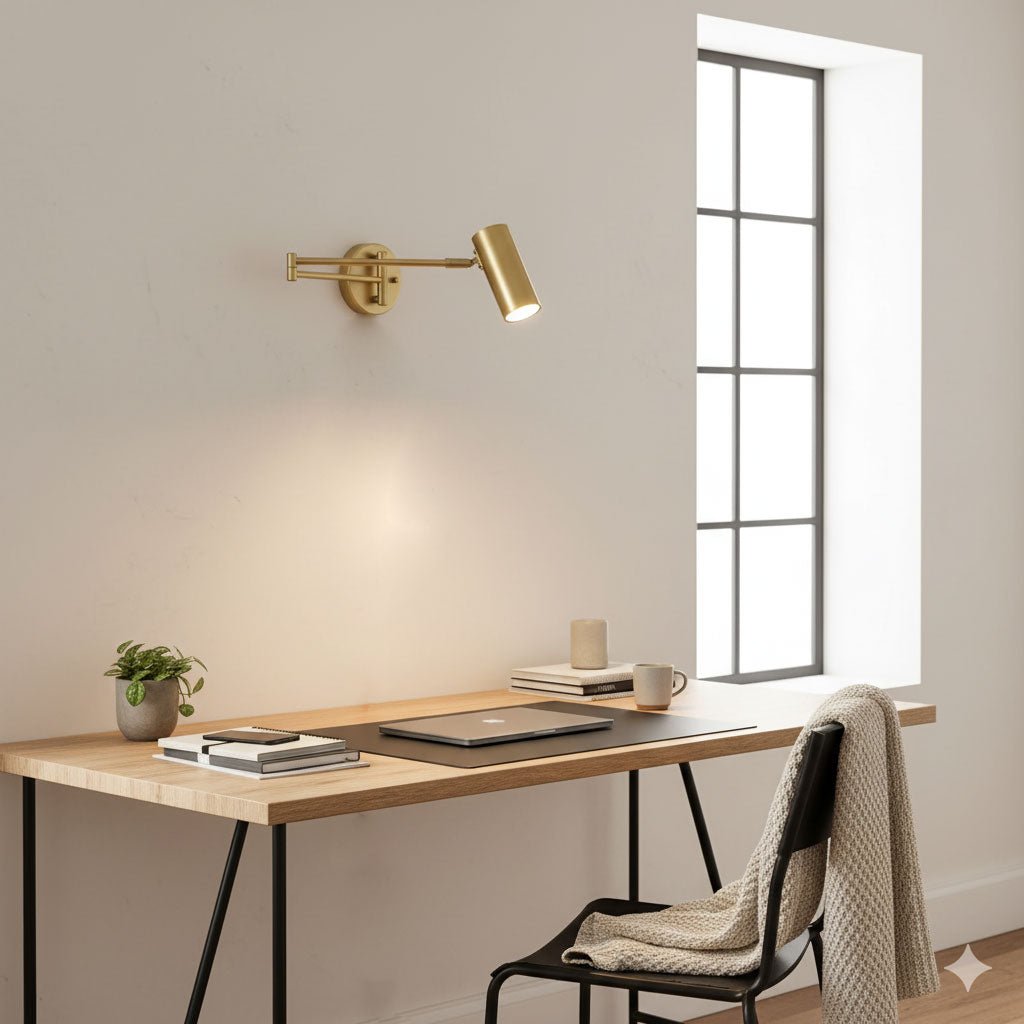 Aplique de pared LED con brazo giratorio y soporte extensible para dormitorio, pasillo, rincón de lectura e iluminación de tareas. Lámpara moderna regulable, oro y negro | Thomler
