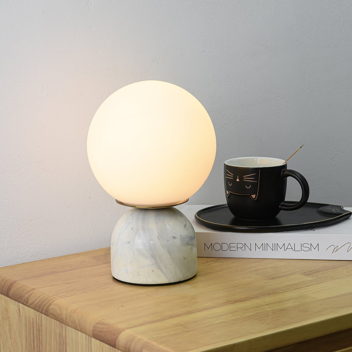 Spherical Glass Globe Accent Lamp with Natural Stone Base for Desk, Nightstand & Side Table | Modern Minimalist Home Lighting Fixture | Thomler