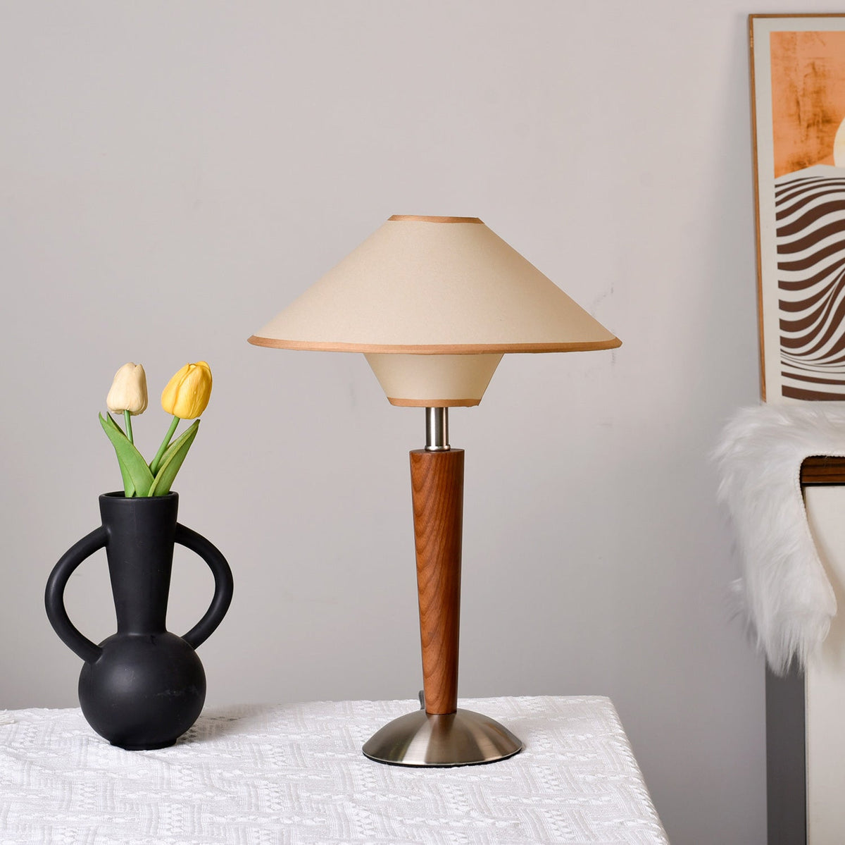 Fabric Shade Table Lamp 17 in for Nightstand & Side Table - Wood Base with E26 Socket for Bedroom Living Room Office Desk Reading Light Mini | Thomler
