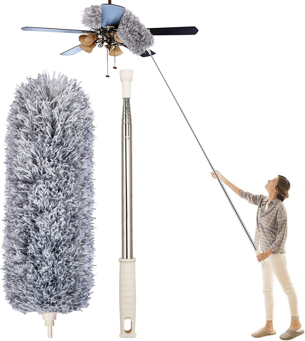 Uitschuifbare microvezel plumeau met telescopische steel – buigbare kop, wasbaar, bereik van 2,4 meter voor plafondventilatoren, hoge planken, plinten | Thomler