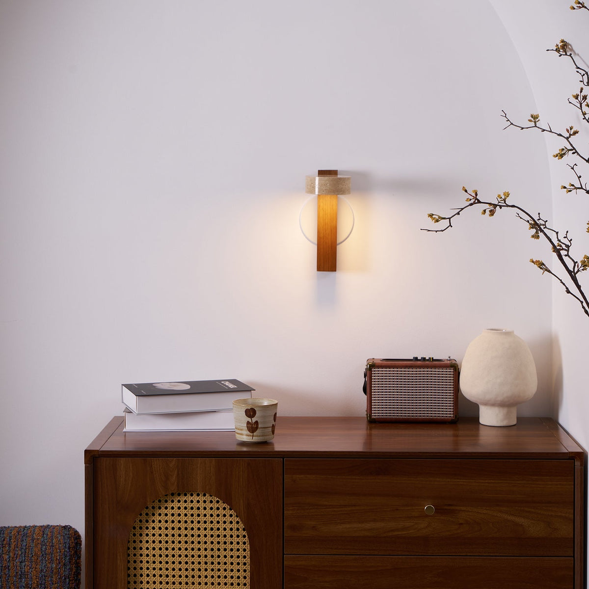 Tilted Wooden Sconce with Beige Stone Shade – 9 Inch Integrated LED Fixture for Bathroom Hallway Entryway Ambient Glow – Dimmable Indoor Wal | Thomler