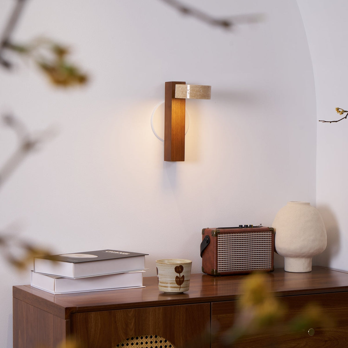 Tilted Wooden Sconce with Beige Stone Shade – 9 Inch Integrated LED Fixture for Bathroom Hallway Entryway Ambient Glow – Dimmable Indoor Wal | Thomler