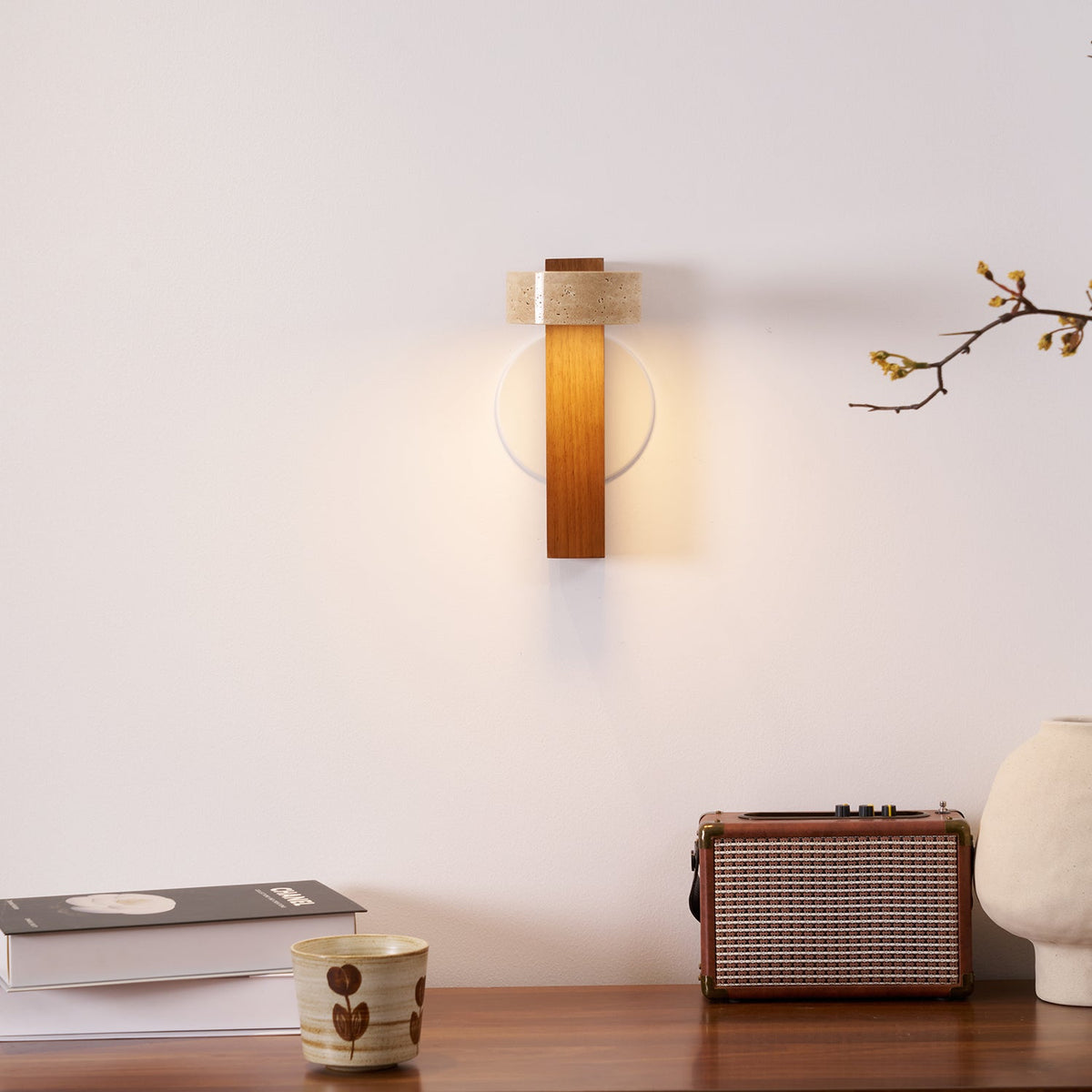 Tilted Wooden Sconce with Beige Stone Shade – 9 Inch Integrated LED Fixture for Bathroom Hallway Entryway Ambient Glow – Dimmable Indoor Wal | Thomler