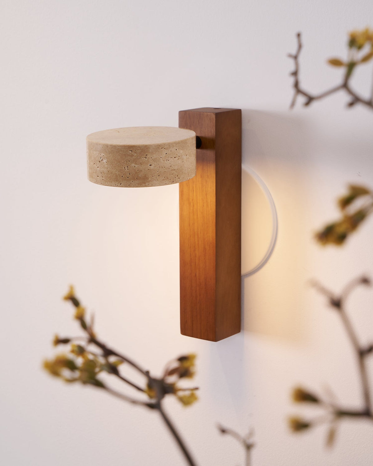 Tilted Wooden Sconce with Beige Stone Shade – 9 Inch Integrated LED Fixture for Bathroom Hallway Entryway Ambient Glow – Dimmable Indoor Wal | Thomler