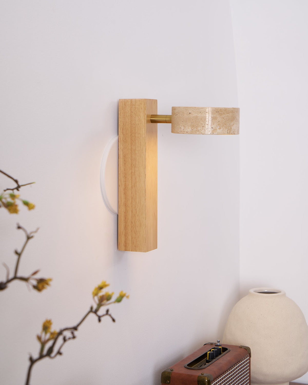Tilted Wooden Sconce with Beige Stone Shade – 9 Inch Integrated LED Fixture for Bathroom Hallway Entryway Ambient Glow – Dimmable Indoor Wal | Thomler