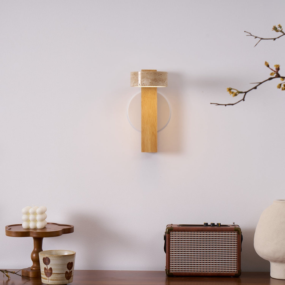 Tilted Wooden Sconce with Beige Stone Shade – 9 Inch Integrated LED Fixture for Bathroom Hallway Entryway Ambient Glow – Dimmable Indoor Wal | Thomler