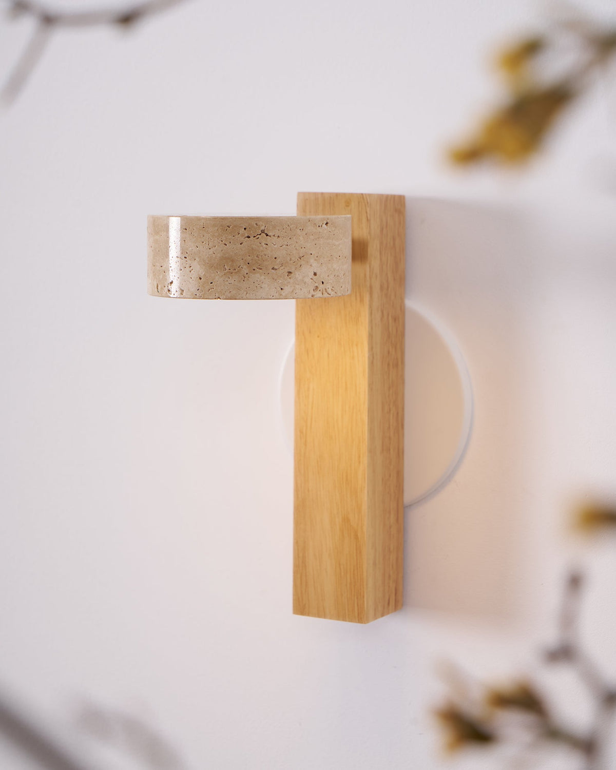 Tilted Wooden Sconce with Beige Stone Shade – 9 Inch Integrated LED Fixture for Bathroom Hallway Entryway Ambient Glow – Dimmable Indoor Wal | Thomler