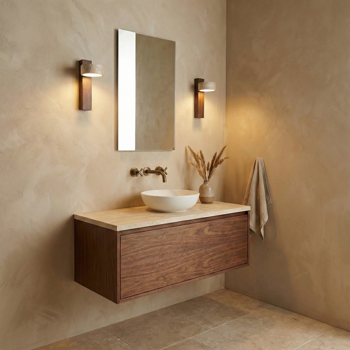 Tilted Wooden Sconce with Beige Stone Shade – 9 Inch Integrated LED Fixture for Bathroom Hallway Entryway Ambient Glow – Dimmable Indoor Wal | Thomler
