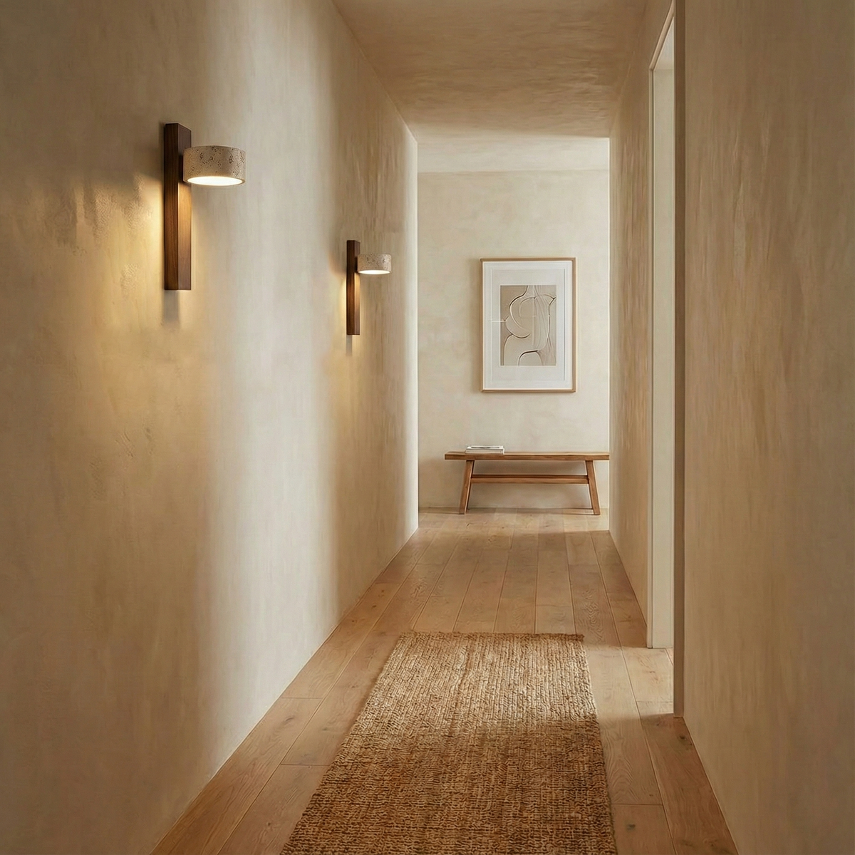 Tilted Wooden Sconce with Beige Stone Shade – 9 Inch Integrated LED Fixture for Bathroom Hallway Entryway Ambient Glow – Dimmable Indoor Wal | Thomler