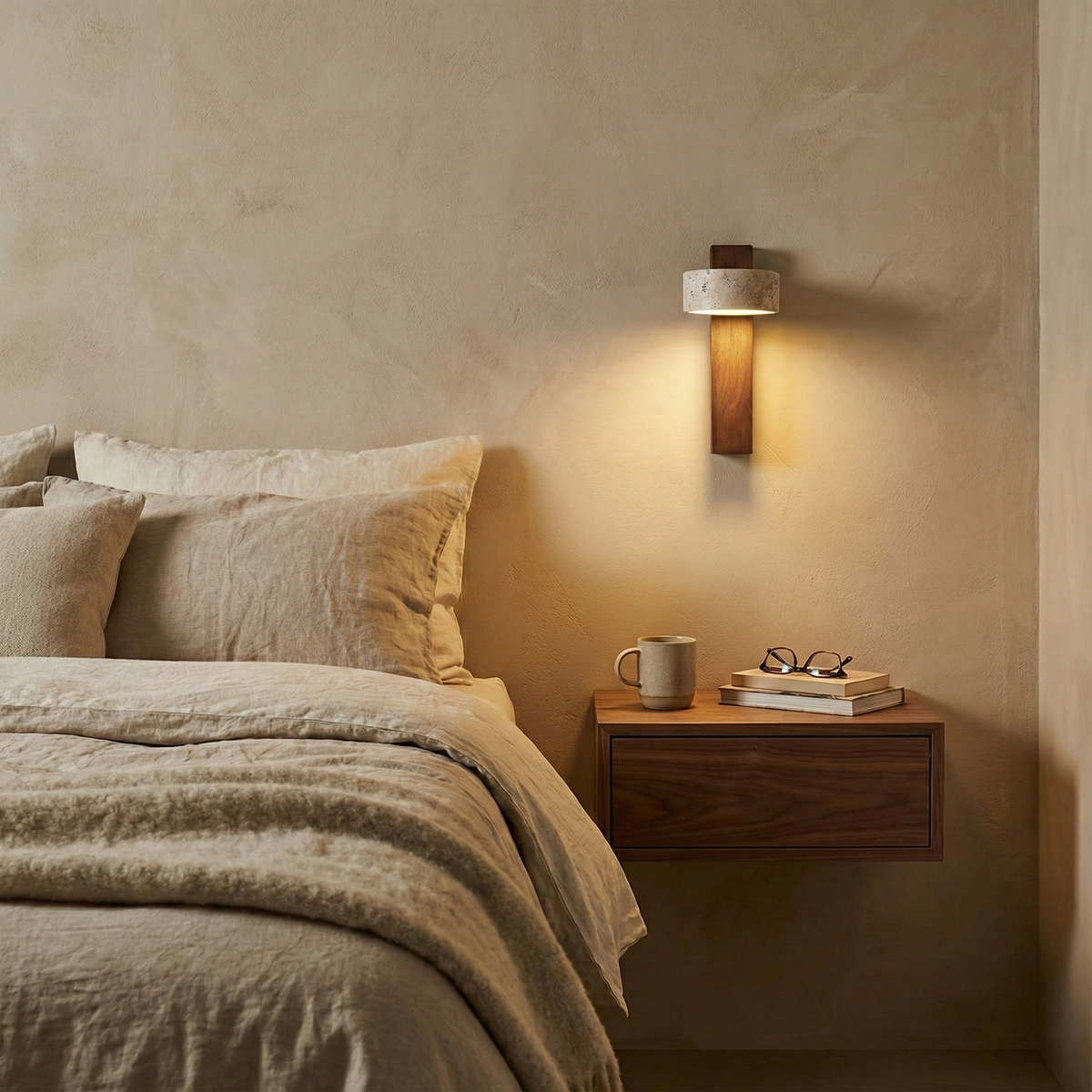 Tilted Wooden Sconce with Beige Stone Shade – 9 Inch Integrated LED Fixture for Bathroom Hallway Entryway Ambient Glow – Dimmable Indoor Wal | Thomler
