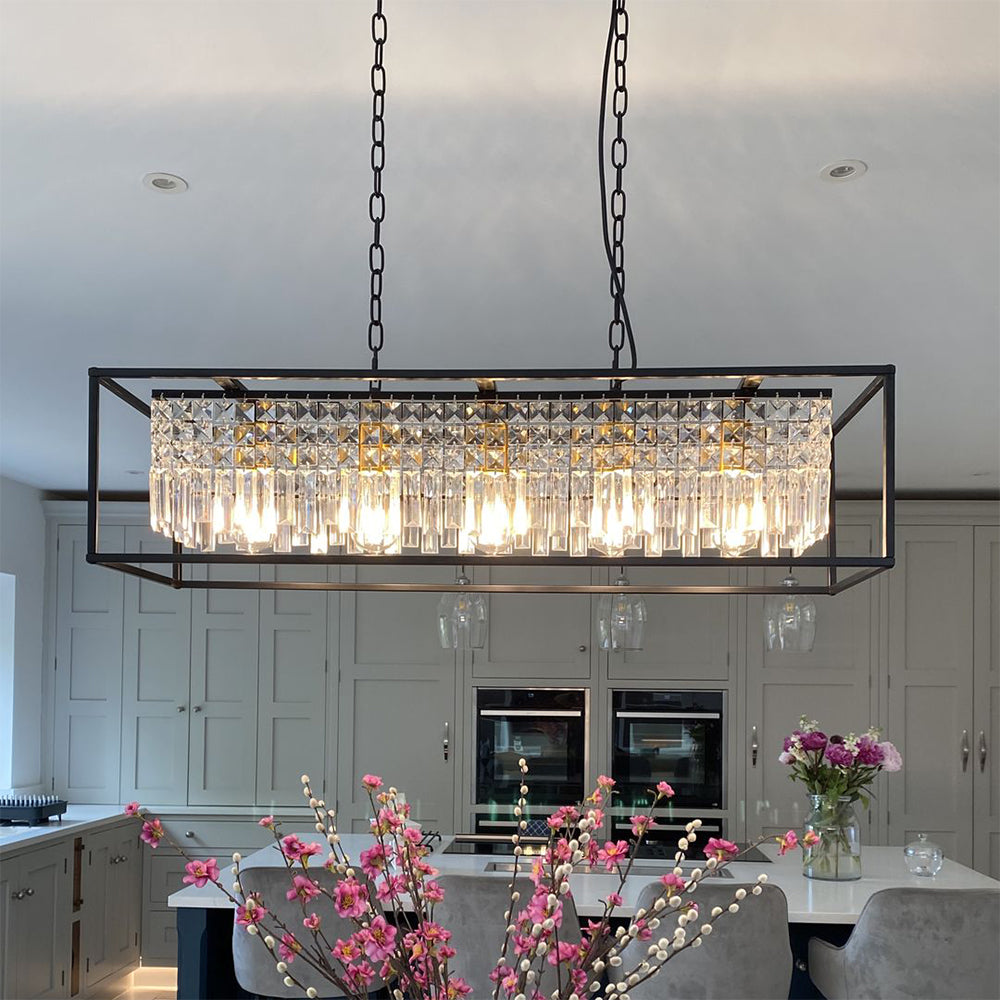 Linear Five-Light Hanging Fixture Black Metal Crystal Glass 35 inch for Kitchen Island Dining Room Table Adjustable Drop Ceiling Lamp Modern | Thomler