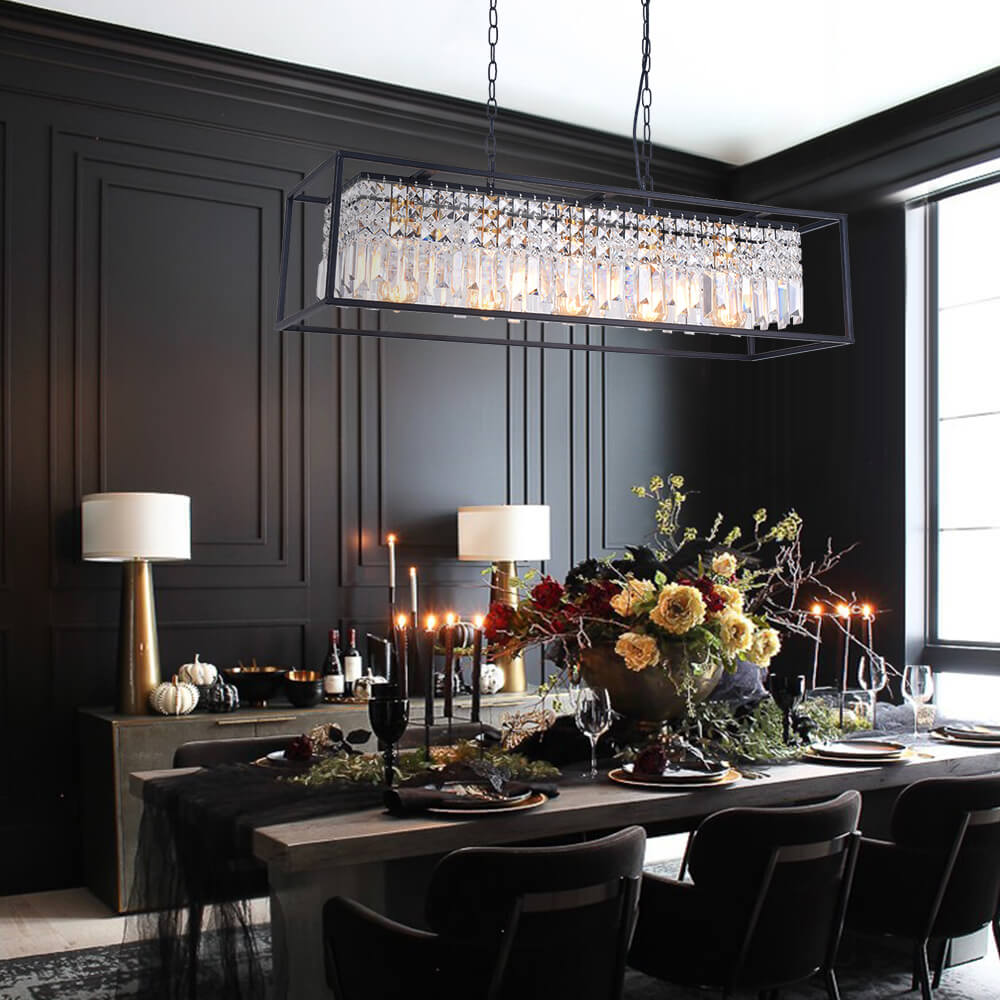 Linear Five-Light Hanging Fixture Black Metal Crystal Glass 35 inch for Kitchen Island Dining Room Table Adjustable Drop Ceiling Lamp Modern | Thomler